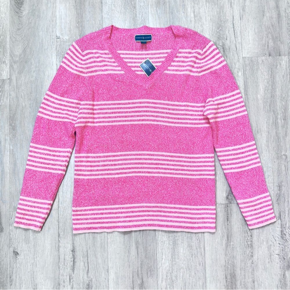 Karen Scott L 100% Cotton Pink NWT Striped V-Neck Sweater